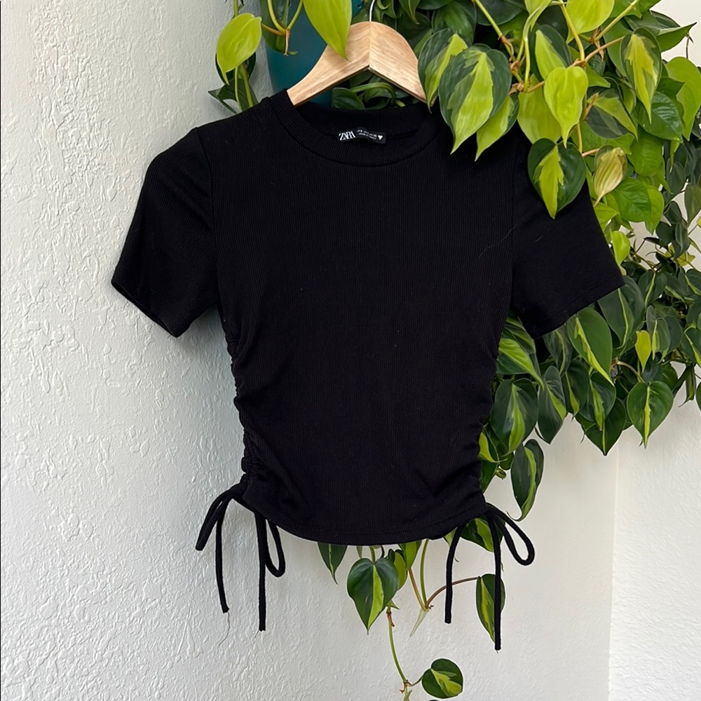 Zara Black Ruched Tie Front Short Sleeve Tee